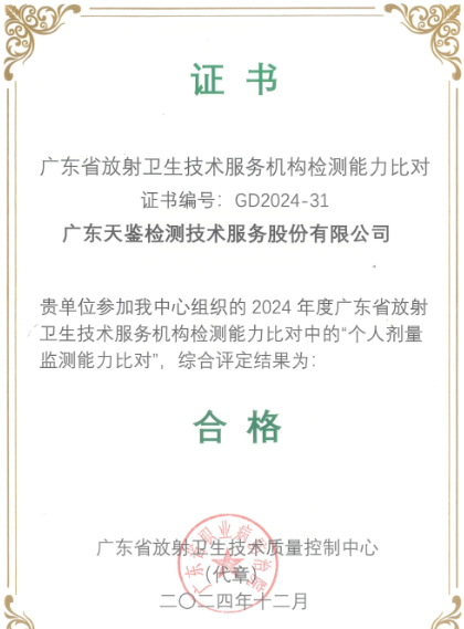 我司參加“廣東省放射衛生技術質量控制中心”組織的能力驗證項目，結果為“合格”